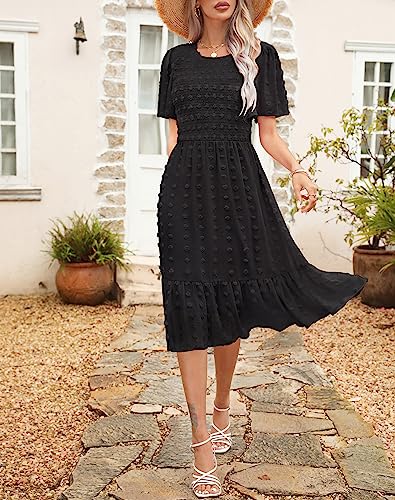 Image of Kranda Women 2025 Summer Spring Round Neck Flutter Short Sleeve Casual Swing Flowy Ruffle Smocked Swiss Dot Midi Dress