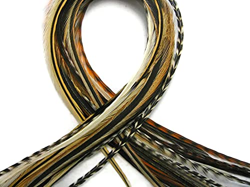 12 Strands - Sandy Mix Thin Long Grizzly Whiting Farm Rooster Salon Hair Extension Feathers | Moonlight Feather