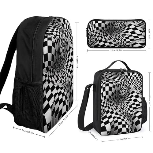 3 Piece Backpack for Women Men Lightweight Causal Daypack Shoulder Bag Set with Insulated Lunch Bag And Pencil Case Organizers White And Black Lines2