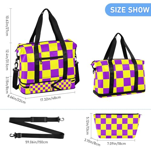Buffalo Plaid Check Yellow Violet Duffel Bags Weekender Overnight Bag with Toiletry Bag for Travel Large Capacity3