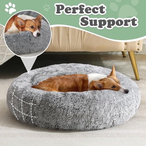 Image of JOLLYVOGUE Faux Fur Dog & Cat Bed, Calming Anti-Anxiety Pet Bed for Small Dogs, Fluffy Donut Cushion for Small and Medium Pets (23 inch), BLACK