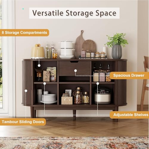 LINSY HOME Sideboard Buffet Cabinet with Storage, 55\" Fluted Coffee Bar Cabinet with Tambour Sliding Doors and Drawer, Mid Century Modern Wood Storage Buffet Table for Kitchen, Vintage Walnut