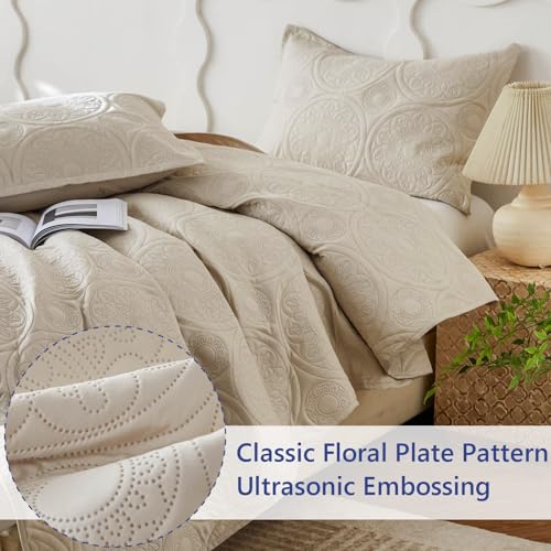 Simple&Opulence Quilted Bedspreads Double Size-3 Pcs Soft Reversible Microfiber Bed Spread Coverlet,Floral Embossed Bed Throw Set with 2 Pillowcases for Bedroom Decor,220x240cm,Beige - Cosy Home Interiors Simple&Opulence Quilted Bedspreads Double Size-3 Pcs Soft Reversible Microfiber Bed Spread Coverlet,Floral Embossed Bed Throw Set with 2 Pillowcases for Bedroom Decor,220x240cm,Beige - Image 7