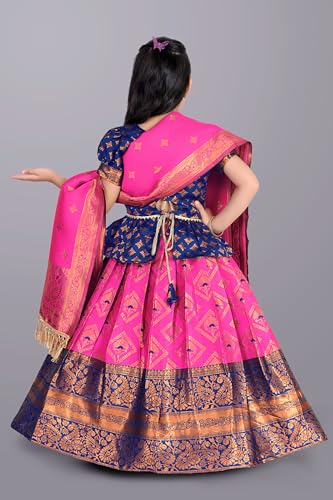 Image of Girls Pattu Pavadai Ready to Wear Lehenga, Blouse & Dupatta Set - Heavy Jacquard Fabric, Fully Stitched
