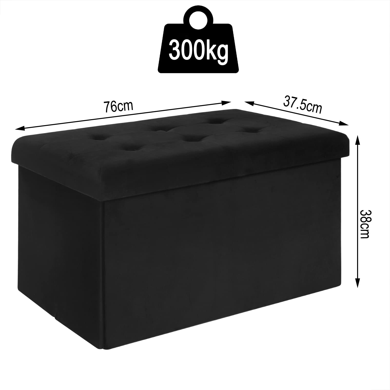 WOLTU Banc de Rangement en Velours, Tabouret Pouf Pliable, Capacité de Charge 300 kg, 80 L 76x37,5x38 cm Noir