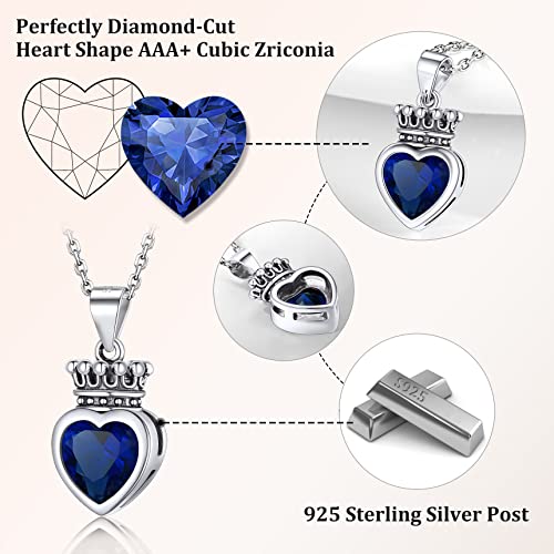 Vintage Silver Crown Heart Necklace With Sapphire Princess Queen Necklace Sparkling Love Heart March Crystal Birthstone Necklace Cz Necklaces Birthday Gift For Girls Women #TOP4