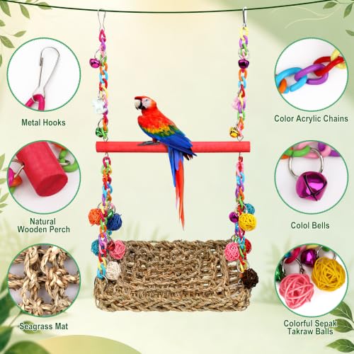 Image of Bird Swing Mat with Wood Perch, AHIER Seagrass Bird Hammock for Conures with Chewing Toy for Parakeets, Budgie, Cockatiel Cage Accessories (Rose-Pink Pole)
