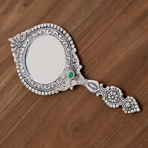Image of KridayKraft Beautifully Carved Round Shape Silver Plating Hand Mirror for Makeup, Travelling, Salon Mirror & Decorative Mirror Antique Item for Wedding Gifts.