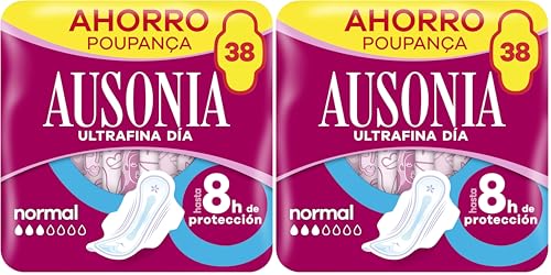 Ausonia Compresas Ultrafina Normal Con Alas, 38 unidades, Para Un Flujo Ligero y Normal Y Protección De La Regla Durante El Día, Hasta 8 Horas De Protección (Paquete de 2)