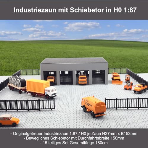 Overdrive-Racing 180cm Spur H0 Fabrikzaun - Schwarz Grau - mit beweglichem Schiebetor - Bausatz 1:87 - Industriezaun Metallzaun, Zaunfarbe:Schwarz