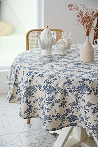Pastoral Round Tablecloth - 60 Inch Dia. - Linen Fabric Table Cloth - Washable Table Cover With Dust-Proof Wrinkle Resistant For Restaurant, Picnic, Indoor And Outdoor Dining, Floral (Dark Blue) #TOP5