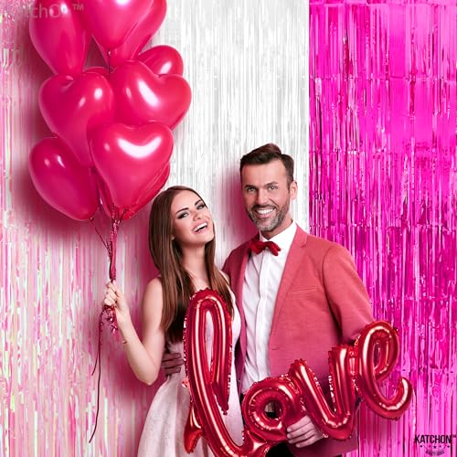 Image of KatchOn, Xtralarge White and Pink Streamers - 8x3.25 Feet, Pack of 3 | Pink and White Fringe Curtain Backdrop | Pink Fringe Backdrop, Wedding Shower Decorations for Party | Valentines Day Decorations