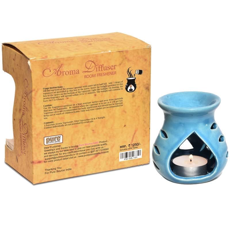 Image of Pure Source India Ceramic Aroma Oil Diffuser Gift Set with 10ML Relaxing Oil & Tealight Candles | 97 Burner for Home Fragrance & Relaxation | Ideal for Gifting & Home Decor (Sky Blue)