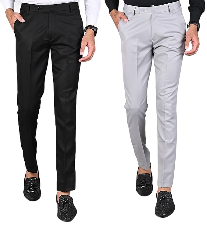 Men's Slim Fit Formal Trousers, Black & Light Grey, Pack of 2-picture-45