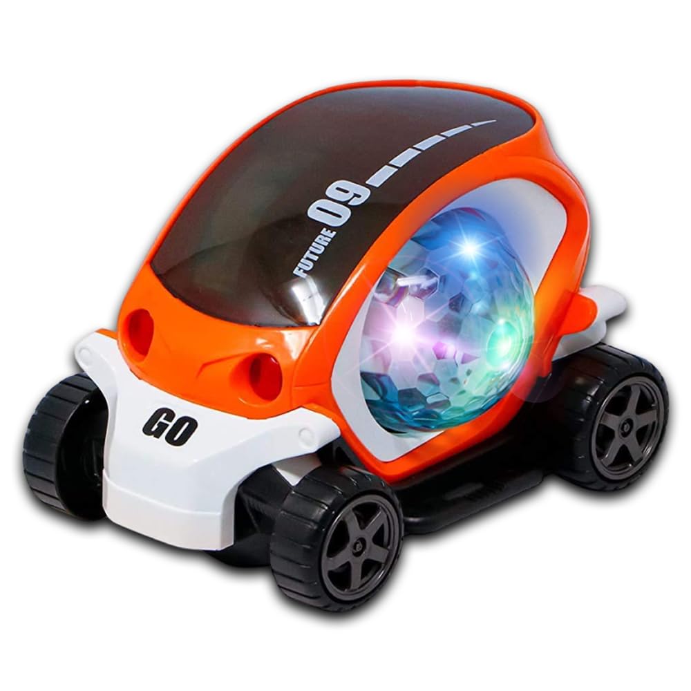 Gooyo GY149A Battery Operated Stunt Car Toy with Music & 4D Vibrant Light Effects | 360° Rotating Bump & Go Action Car Toy| Orange Color, Power Source: 3xAA Battery (Not Included)