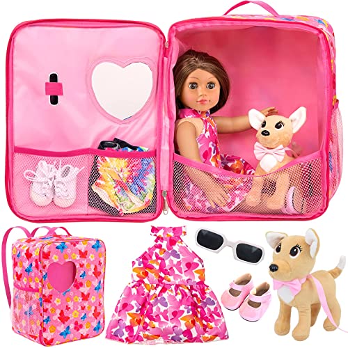 ZITA ELEMENT 18 Inch Girl Doll Carrier with Clothes and Accessories - 5 Pcs 18 Inch Doll Carrier Set Including 1 Case Bag, 1 Dress, 1 Shoes, 1 Sunglasses and 1 Toy Dog - Best Gift for Girls
