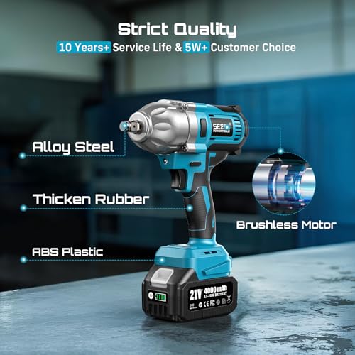 Image of Seesii Impact Wrench 665 FT-LBS(900N.m) 3300IPM 1 /2 Impact Gun High Torque Electric Impact Driver Cordless Impact Wrench with 21V 1x4.0Ah Battery 6 Sockets&Case for Home Car Tire Lug Nut Removal Tool