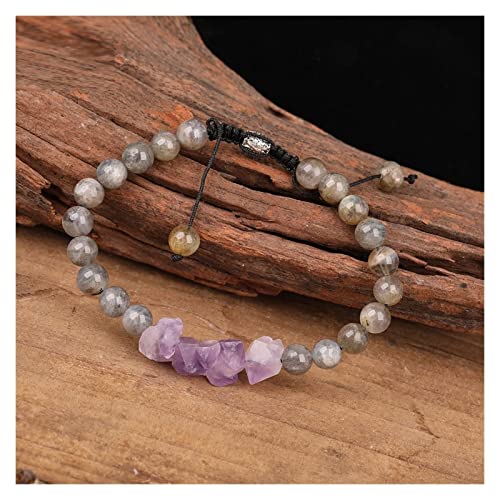Bracelet améthystes naturelles d'exception perles de labradorite façonnées à la main de 8mm