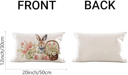 Miniatura 4 de AOFANGGO Funda de almohada de Pascua de 12 x 20 pulgadas, diseño de conejo, flores rosas, huevos, decoración de primavera, funda de cojín para cama,