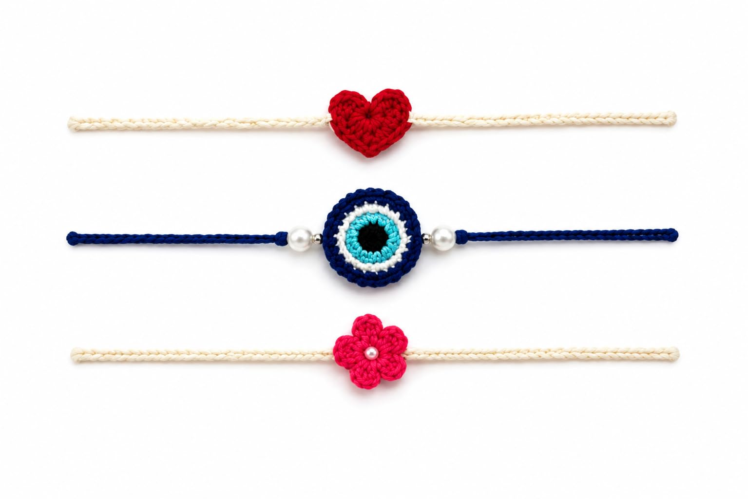 Handmade Crochet Floral Rakhi Set with Pearl Accent | Designer Raksha Bandhan Gift Combo (Pack of 3) heart shape/mini flower/evil eye