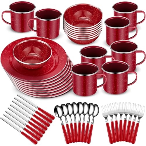 Nuogo Kit de Cocina para Camping Juego de 48 Piezas con Vajilla Esmaltada, Tazas, Platos, Cuencos y Utensilios, Rojo