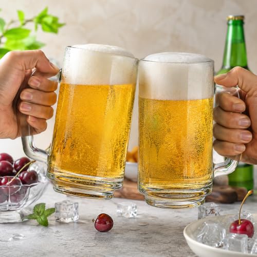 Image of WRINGO Solid Heavy Beer Mugs Set of 2, 450ML Glass Mug with Handle, Large Big Heavy Mugs for Freezer, Multipurpose Mugs, Dishwasher & Microwave Safe (BR-10)