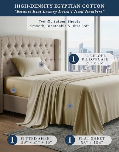 Image of LANE LINEN Twin XL Sheets Cute 100% Egyptian Cotton Sateen - Linen | Black Twin XL Sheets - 3-Piece Set, Ideal For Dorms And Adjustable Beds, For A Luxurious Night's Sleep, Luxe Sheen