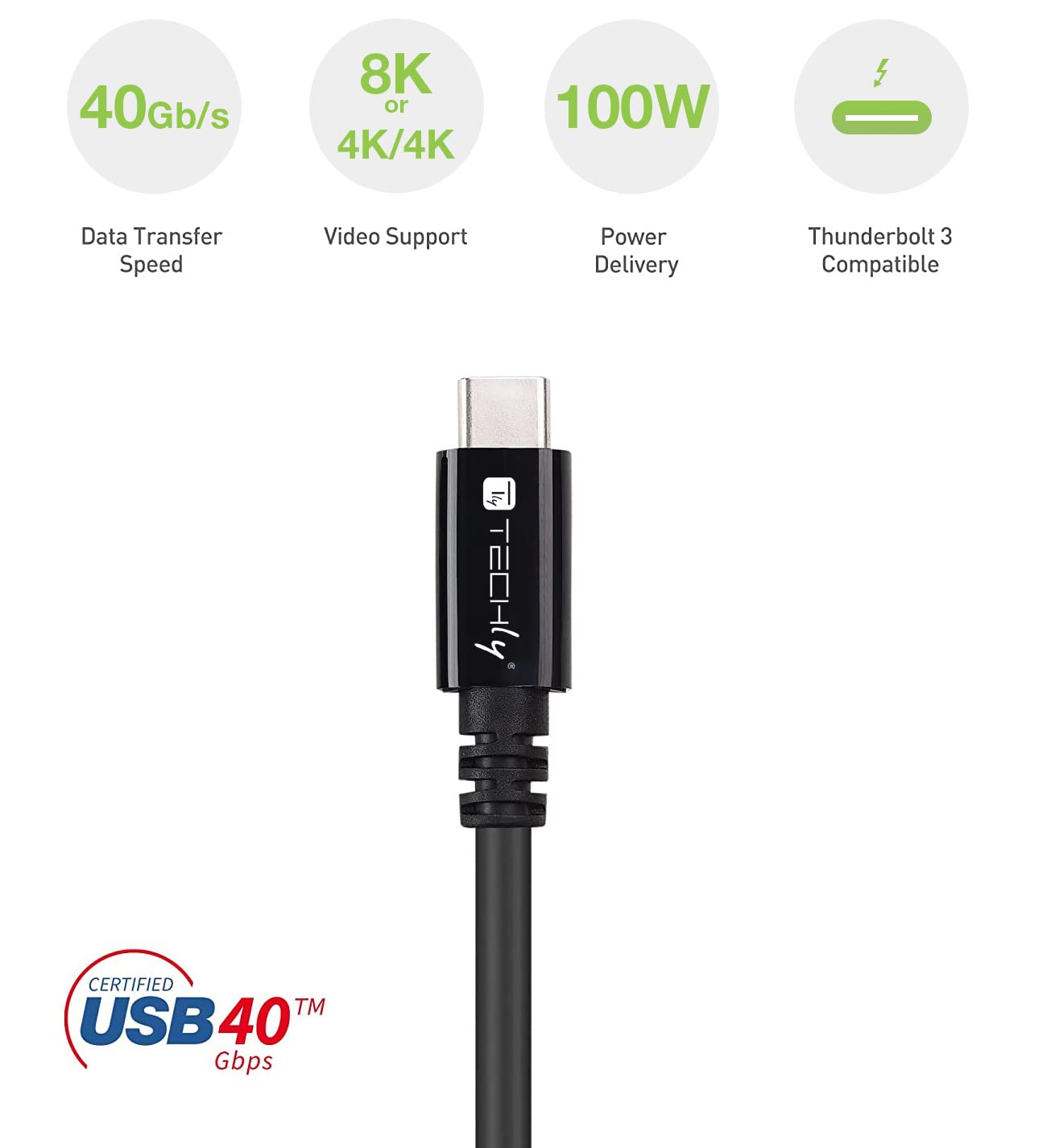TECHLY 362602 Cable USB 4 Gen 3 Type-C™ Thunderbolt M/M E-Mark 8K 40Gbps 100W PD 0,8 m Negro