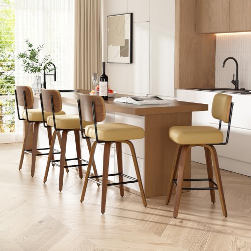 Image of Swivel Bar Stools Set of 6, 26 inch Upholstered Faux Leather Counter Height Barstools with Walnut Back & Bentwood Legs, Mid Century Modern Bar Chairs Island Stools for Kitchen Counter, Khaki