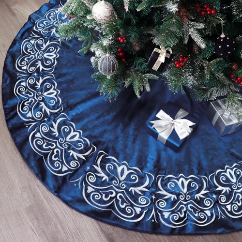 Bunny Chorus Christmas Tree Skirt, 72 inch Large Velvet Fur Plush Blue Tree Skirt, Xmas Tree Skirts with Gold Embroidered Wave Pattern for Merry Christmas Party Christmas Tree Decorations