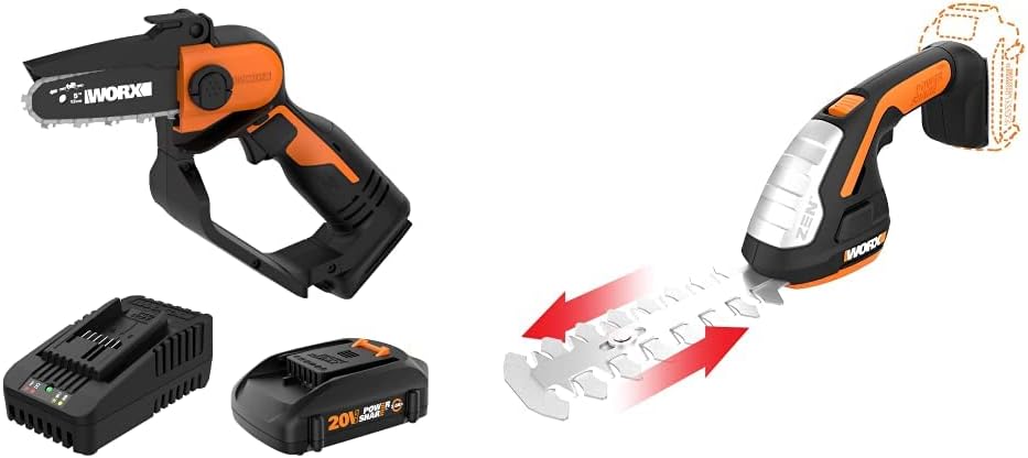 Worx 20V Power Share 5" Cordless Pruning Saw + WORX WG801.9 20V Power Share 4" Cordless Shear and 8" Shrubber Trimmer
