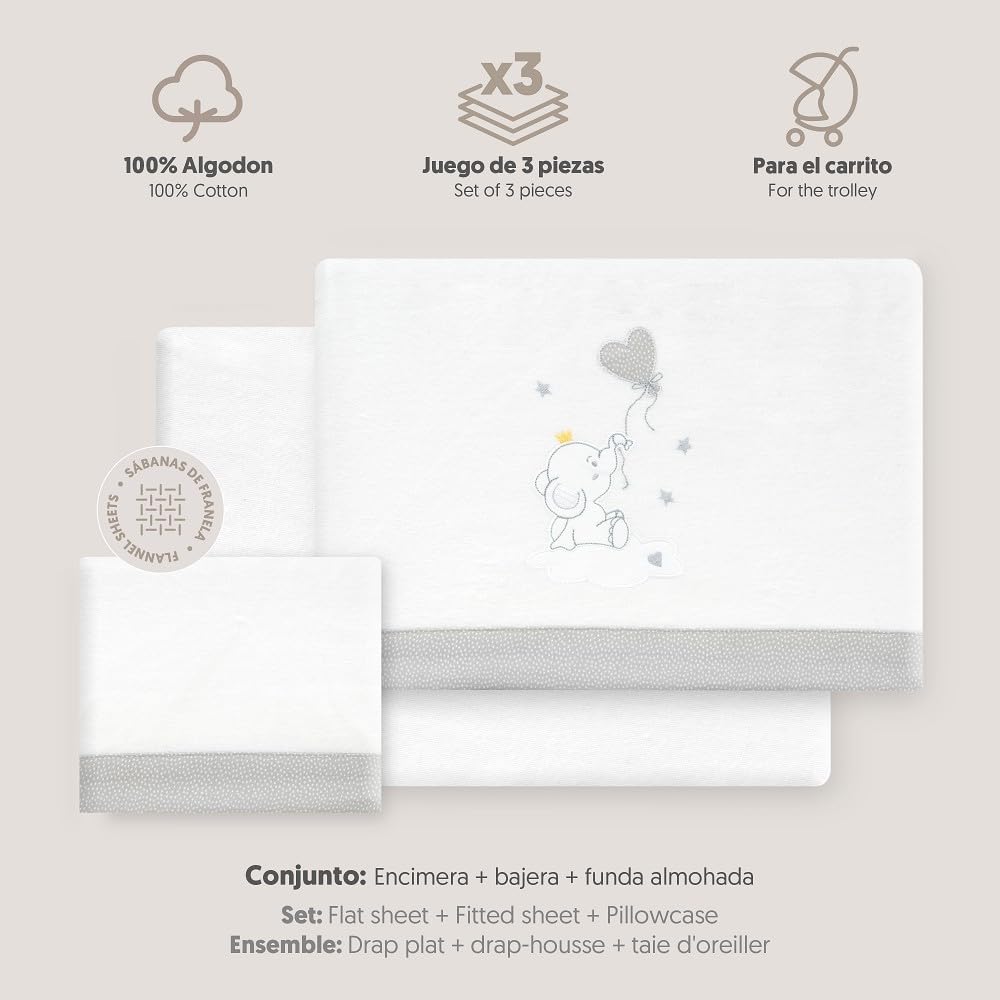 Interbaby - Set di lenzuola per passeggino, 40 x 80 cm, in cotone 100% | lenzuolo per lettino in flanella, caldo | Include lenzuolo con angoli, piano di lavoro e federa per cuscino, ideale per
