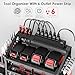 Power Tool Organizer Wall Mount with Charging Station, 4 Layer Storage Rack and Tool Holder for Garage Organization, 6 Drill Holder Wall Mount, 4 Hooks and 6 Outlet Power Strip, Great Men's Gift