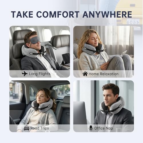 Image of Neck Pillow Travel Pillow - 100% Pure Memory Foam Airplane Pillow with Adjustable Clasp & Removable Cover, Portable Travel Essentials for Long Flights, Car & Office (Light Gray, with Eye Mask)