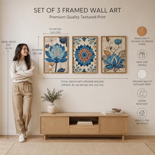 Image of Livin'luxe Set of 3 Blue Lotus Floral Wall Paintings for Living Room Bedroom Home Decor, Textured Artwork with Premium Wooden Color Synthetic Frame (13.5 x 19.5 Inch) NM03-53