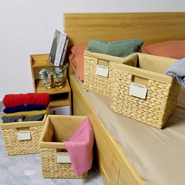 Foldable Storage Cubes - Set of 4 Water Hyacinth Baskets, 10.5 x 10.5 x 10.5 Inches, Wicker Bins for Shelf, Closet, Laundry