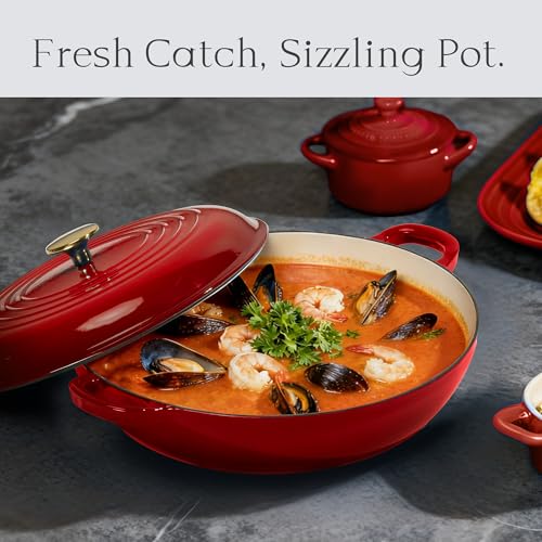 Image of CAROTE 3.4QT Enameled Cast Iron Braiser Pan, Shallow Dutch Oven Casserole Skillets, Non-Toxic Cast Iron Pot with Lid for Grilling, Searing, Baking, Dual Handles, All Stovetop Compatible, Red