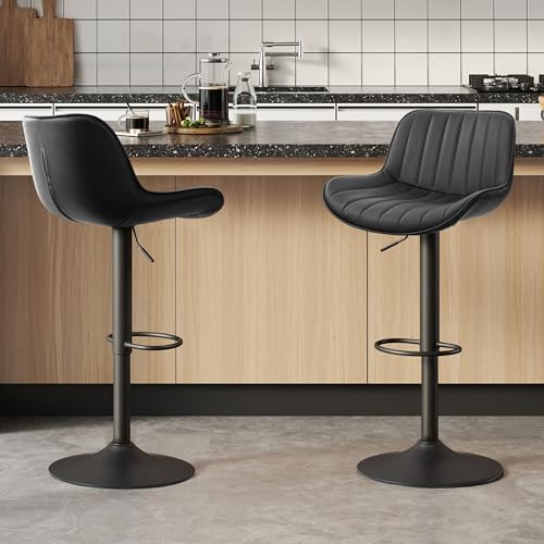 Volans Adjustable Bar Stools Set of 2, Faux Leather Swivel Bar Chairs, Counter Height Island Chair with Back, Black Base, Black