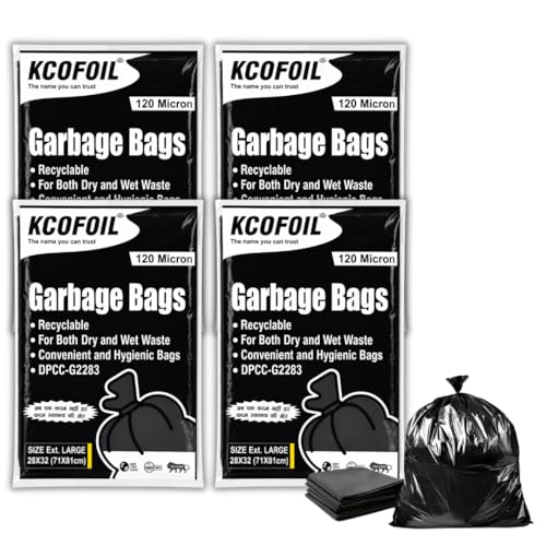 KCOFOIL 120-Micron Garbage Bag - Extra Large | 28 x 32 Inches | Lightweight & Leakproof Waste Bags | Heavy Duty Trash Bags for Home, Kitchen, Office & Bathrooms | Pack of 4