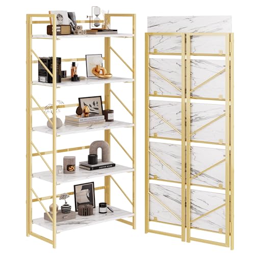 Image of JSB 5 Tier No Assembly Folding Bookshelf, Foldable Storage Bookcase for Home Office, Space-Saving Storage Shelf for Living Room, Bedroom, Office (White&Gold)