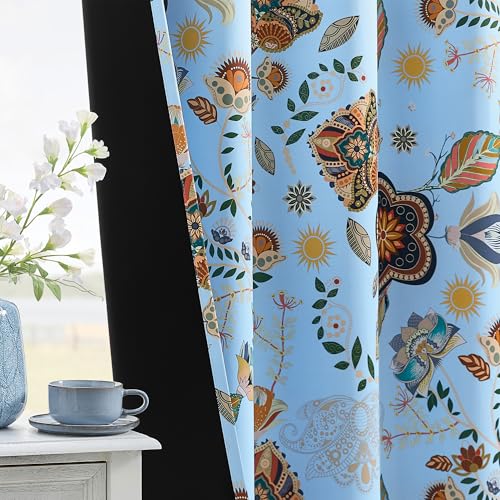 Image of XiDi Light Blue Patterned Curtains 96 Inches Long Blackout Floral Curtains | Aesthetic Pretty Drapes for Dining Room Modern Farmhouse Vintage Curtains Grommet Window Treatment Set of 2 Panels 52Wx96L