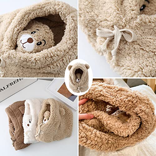 Warm Plush Bear Hat with Face Protection, Winter Cute Bear Ear Warm Hat Women Plush Hats Windproof Warm Scarf One-Piece Hat (Brown)4