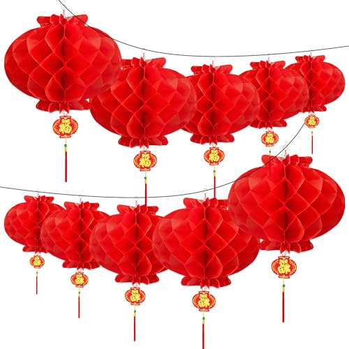Chinese Lanterns, 25cm×25cm×19cm, 10 Pack Red Paper Lanterns, Chinese Decorations for Spring Festival, Indoor and Outdoor Hanging Lanterns
