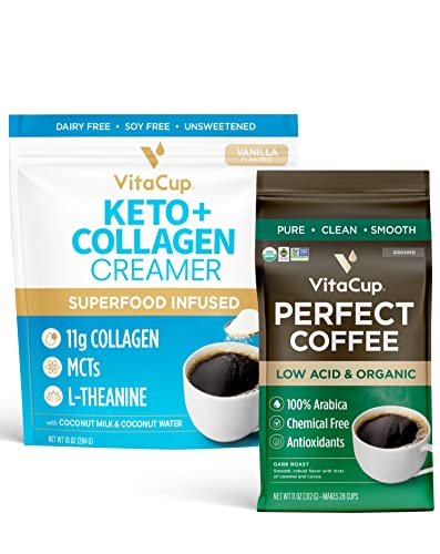 Vitacup Perfect Low Acid Ground Coffee, 11 Oz & Keto + Collagen Vanilla Creamer, 10 Oz | Infused With Superfoods (Collagen, Coconut Water, Mct, Dairy-Free) For Body And Brain Health #TOP27