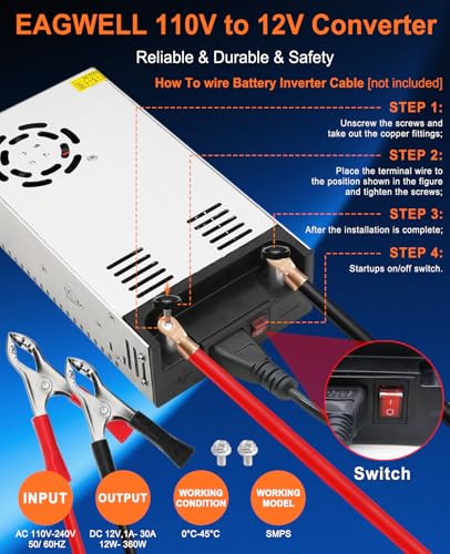 Image of EAGWELL 110V to 12V Converter 12V Power Supply 360W 30A | New Version Universal Switching DC Power Supply for RV, Pump, LED Strip, LCD Monitor,3D Printer,CCTV,Computer Project