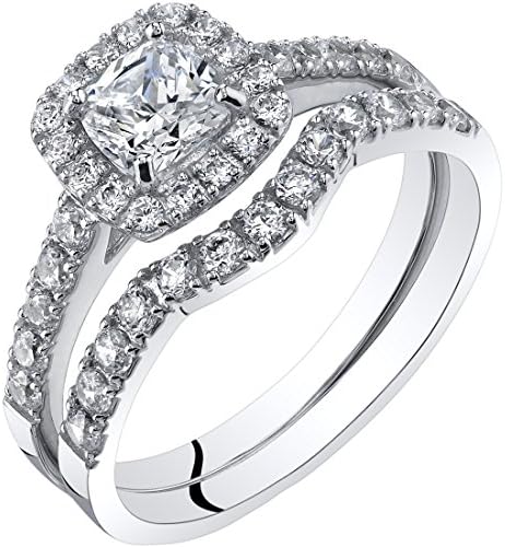 Peora 14K White Gold Cushion Cut Engagement Ring and Wedding Band Bridal Set for Women, F-G Color, VVS Clarity, Size 9.5