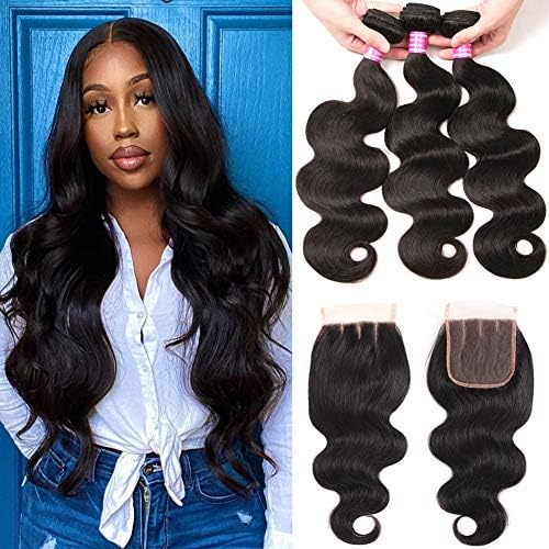 Mureen Brazilian Hair 3 Bundles with Closure Body Wave 4×4 Virgin Hair Lace Closure with Bundles Unprocessed Human Hair Extensions Weave Weft With Closure Natural Color (14 16 18 +12, Three Part)