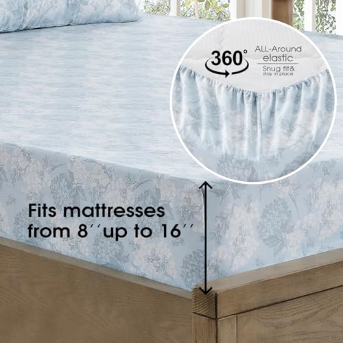 Image of FreshCulture Floral Bed Sheets - Ultra Soft Full Size Bed Sheets - Brushed Microfiber Blue Floral Sheets - Deep Pockets - Easy Care - Hotel Luxury 4 Piece Flower Printed Sheets Full, Emilia