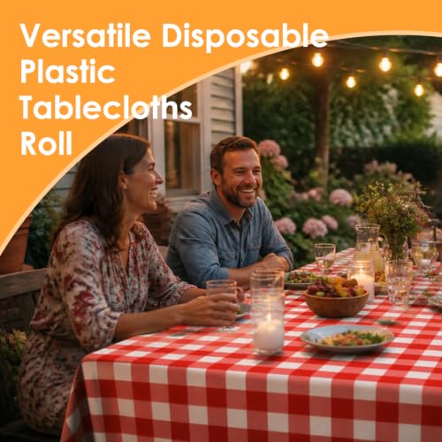 Image of tujol Red Checkered Disposable Plastic Table Cloth Roll 54 inch X 100'