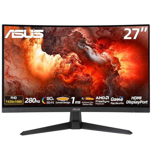 Image of ASUS TUF Gaming 27 inch FHD Curved Monitor, VA Display, 280Hz, 1ms (GTG), 1500R Curvature, FreeSync Premium, ELMB, 90% DCI-P3, DisplayWidget Center, DisplayPort, Dual HDMI, Eye Care, Tilt Adjustable